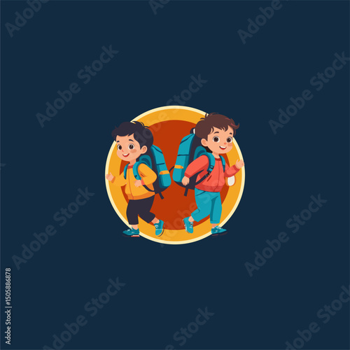 illustration of preschooler using backpack. for t-shirt design, brooch or logo