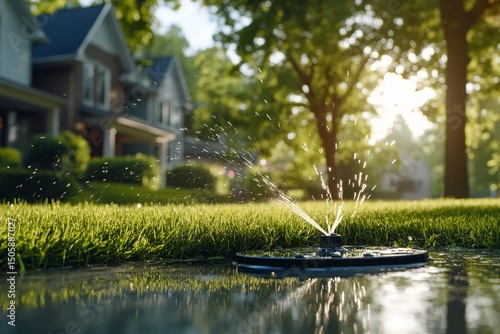 Garden Sprinkler Watering Grass in a Sunny Neighborhood During Afternoon Hours.