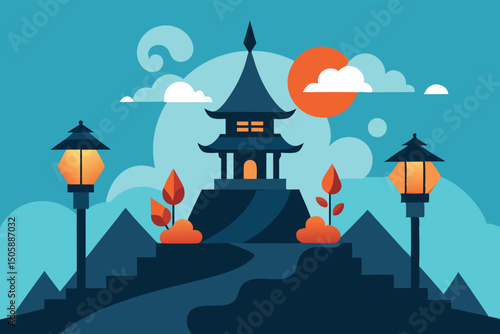 Minimalist Japanese Temple on Mountain Top at Sunset – Vector Illustration