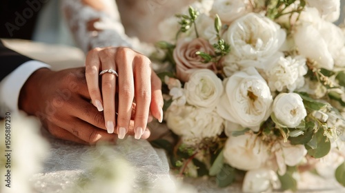 Couple Shares a Romantic Moment With Wedding Rings and a Bridal Bouquet at an...