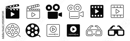 Cinema line and flat icons. Camera, film, clapper board, reel, player icon. Vector