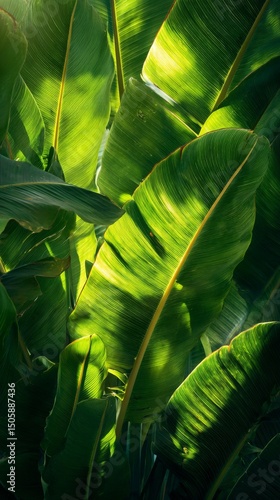 Tropical Green Leaves Illuminated by Sunlight Create a Vibrant Natural Backdr...