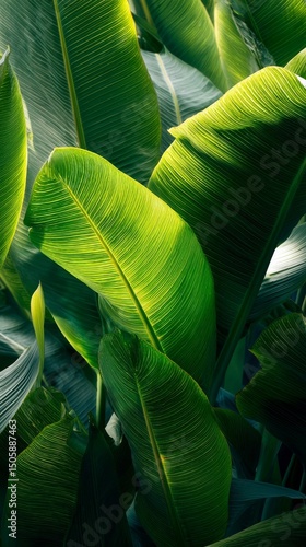 Lush Green Leaves Illuminated by Sunlight in a Vibrant Tropical Garden Setting.