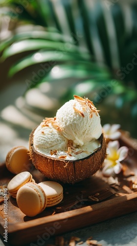 Delicious Coconut Bowl Filled With Creamy Vanilla Ice Cream and Macarons Disp...