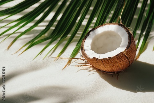 Fresh Coconut on Sandy Beach Under Palm Leaves Near Calm Ocean Water in Tropi...