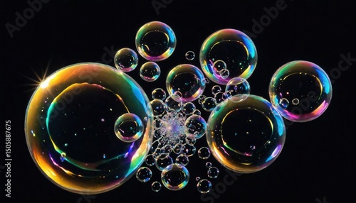 Captivating iridescent soap bubbles floating in the void showcase a spectrum of colors creating a mesmerizing and visually striking display of abstract art