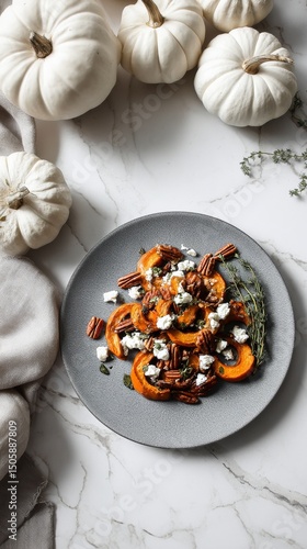 Delicious Roasted Butternut Squash Salad With Cheese and Nuts on a Marble Table.