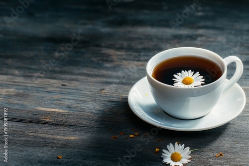 Coffee Cup With a Floating Flower on a Wooden Table at Midday