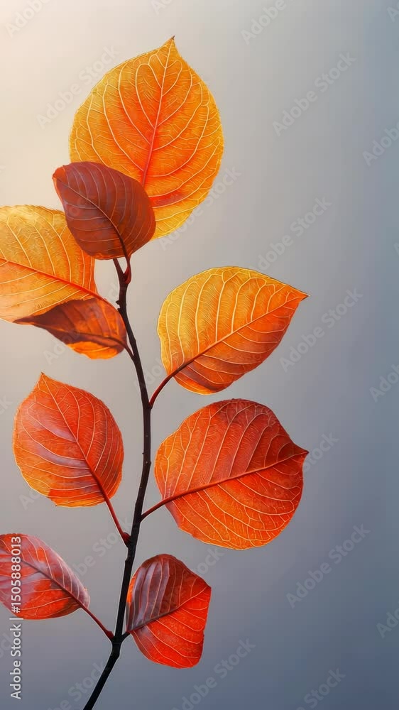 Dynamic autumn leaves transition from vivid orange to red on nearby branch Dynamic autumn leaves transition from vivid orange to red on nearby branch