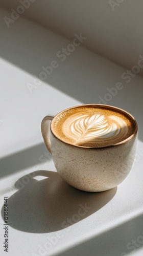 Warm Latte With Beautiful Foam Art in Sunlight on a White Surface During Morn...