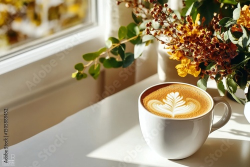 Warm Latte Art Alongside Vibrant Flowers on a Table in a Cozy Setting During ...