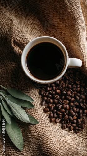 Coffee Cup Surrounded by Roasted Beans and Green Leaves on Burlap Fabric