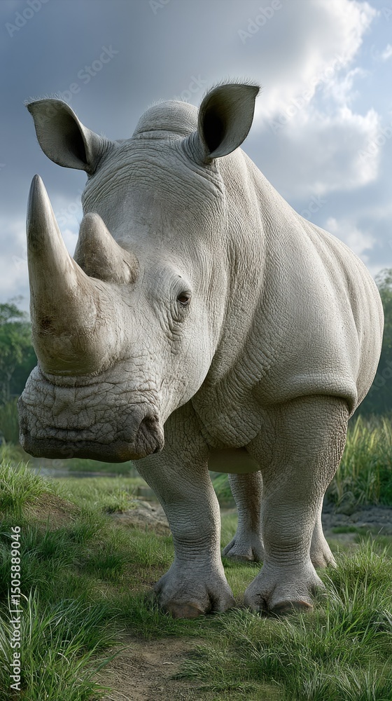 Obraz premium Stunning full-body portrait of a rhinoceros amidst tall grass in a verdant savannah under dramatic stormy skies