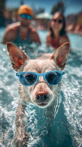 Dog Wearing Sunglasses Enjoys Swimming in a Pool Surrounded by Friends on a S...