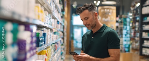 The man using a smartphone while shopping in a modern pharmacy aisle.