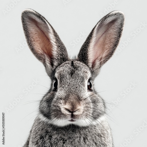 Cute Grey Rabbit With Big Ears Looking Directly at the Camera in a Studio Set...