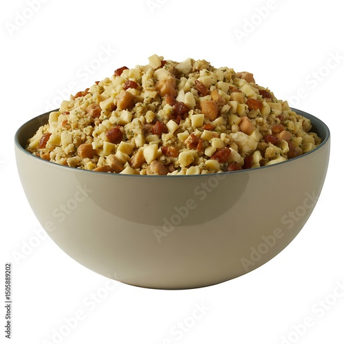 A hearty bowl of stuffing with sausage and herbs ready to be served