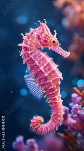 Colorful Seahorse Swimming Gracefully Among Coral in a Vibrant Underwater Eco...