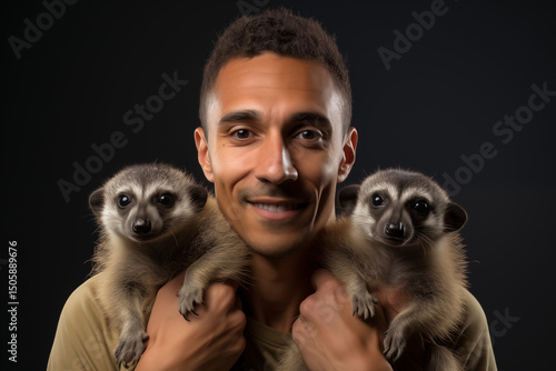 A half-breed man with short hair smiles and holds two meerkat cubs in his arms.