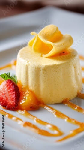 Delicious Dessert Served on Elegant Plate With Fruit Garnish and Sauce at Ups...