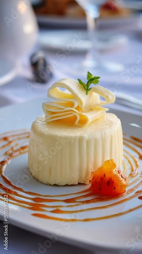Delicious Dessert Served on Elegant Plate With Fruit Garnish and Sauce at Ups...
