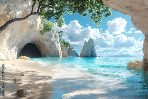 Tranquil beach scene with a sea cave.
