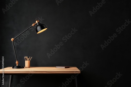 Wooden Table With Modern Lamp Against Dark Wall in Minimalistic Interior Sett...