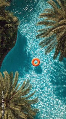 Relaxing View of a Pool Surrounded by Palm Trees With a Bright Orange Float i...