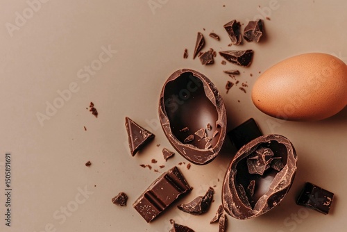 Chocolate Egg Halves With Broken Pieces on a Light Brown Surface
