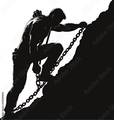 Silhouette of a determined climber ascending a steep mountain with a chain.