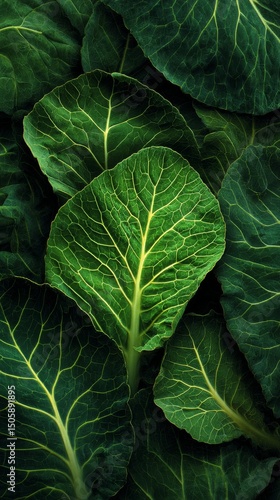 Fresh Green Cabbage Leaves Arranged in a Vibrant Display on a Farm During the...