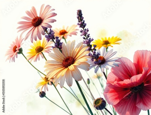Floral Delight: A vibrant collection of daisies, poppies, and lavender against a soft, white background.