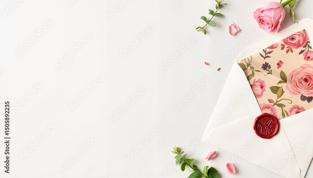 Open envelope with floral pattern letter and wax seal surrounded by pink roses and petals Open envelope with floral pattern letter and wax seal surrounded by pink roses and petals
