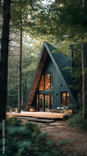 Unique Triangular Cabin Nestled in the Woods During Golden Hour Near a Serene...