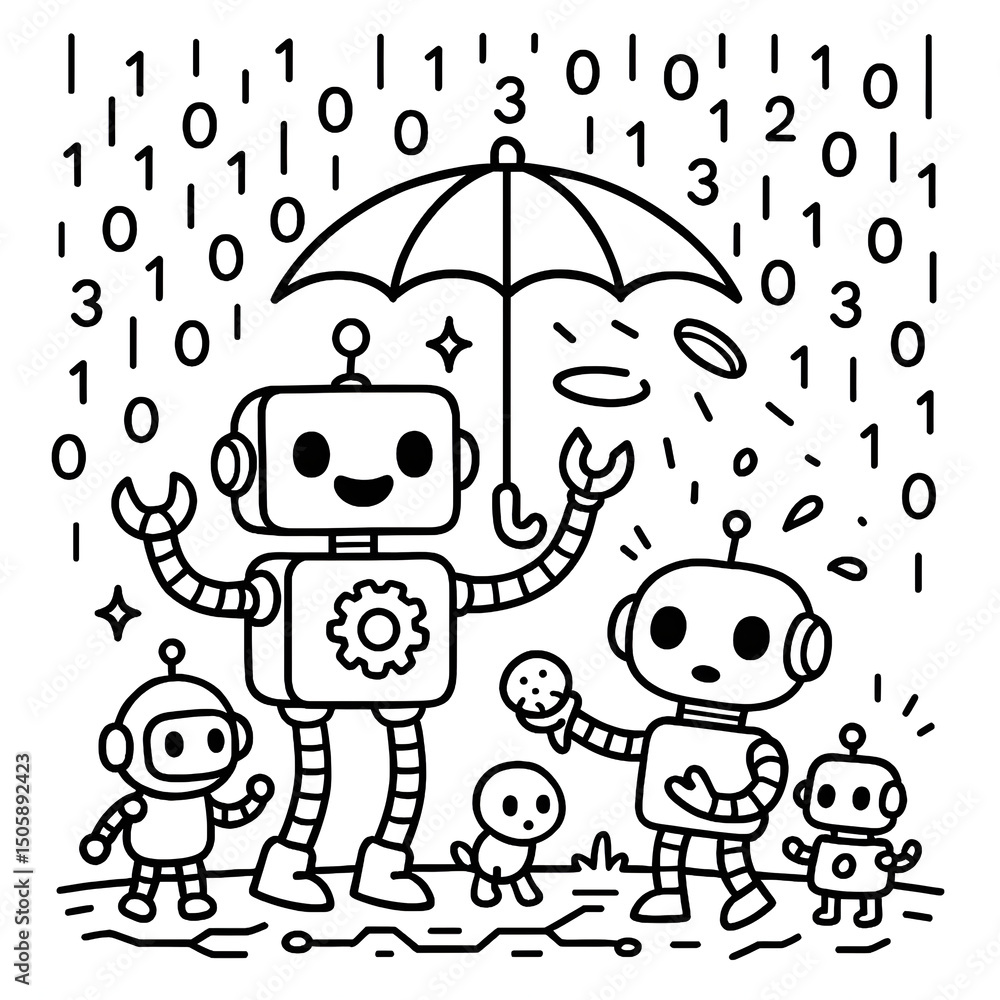 Fototapeta premium A playful and colorful robot-themed children’s coloring book cover. The background is a light blue sky with gears, bolts, stars, and circuits floating around
