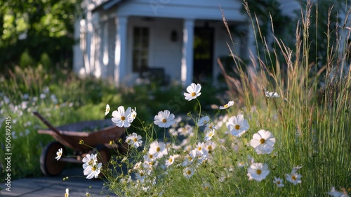 Charming Garden Scene With Flowers and a Rusty Wheelbarrow in Front of a Cozy...