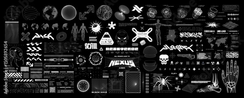 Retrofuturistic cyber aesthetic - 3D shapes, HUD, UI, cyberpunk elements, digital lettering. Y2K icons, 3D geometric shapes. Cyberpunk streetwear graphic pack for typography, clothes. Vector set