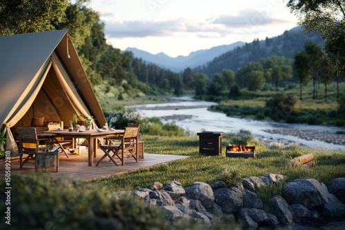 Cozy Campsite by a River With a Fire, Wooden Furniture, and a Scenic Mountain...