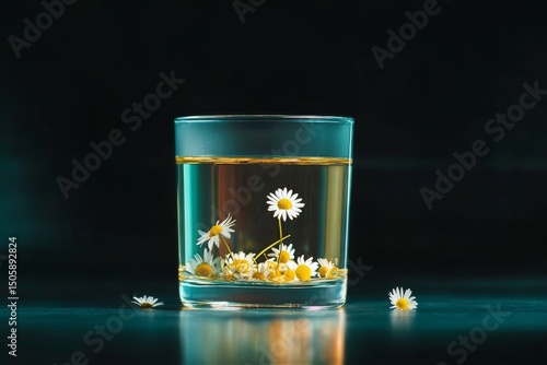 Herbal Tea in a Clear Glass Mug With Chamomile Flowers Floating and Green Lea...