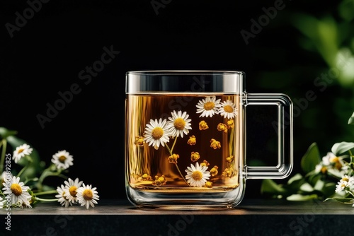 Herbal Tea in a Clear Glass Mug With Chamomile Flowers Floating and Green Lea...