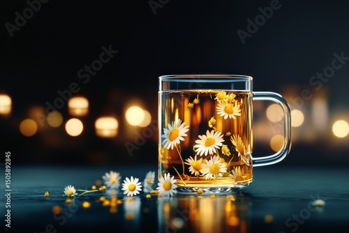 Herbal Tea With Chamomile Flowers Steaming in a Glass Cup Against a Dark Back...