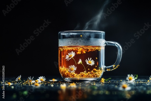 Herbal Tea With Chamomile Flowers Steaming in a Glass Cup Against a Dark Back...