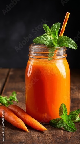 Fresh Carrot Juice With Mint in a Glass Jar on a Wooden Table