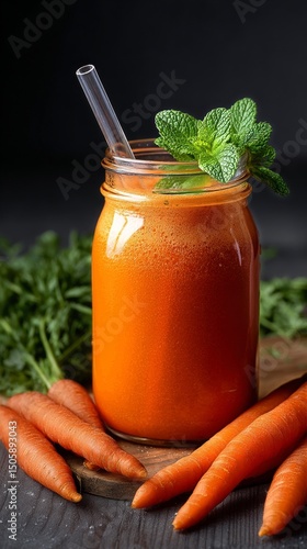 Fresh Carrot Juice With Mint in a Glass Jar on a Wooden Table.
