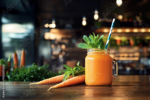 Fresh Carrot Juice Served in a Mason Jar With Mint Leaves and Carrots on Wood...