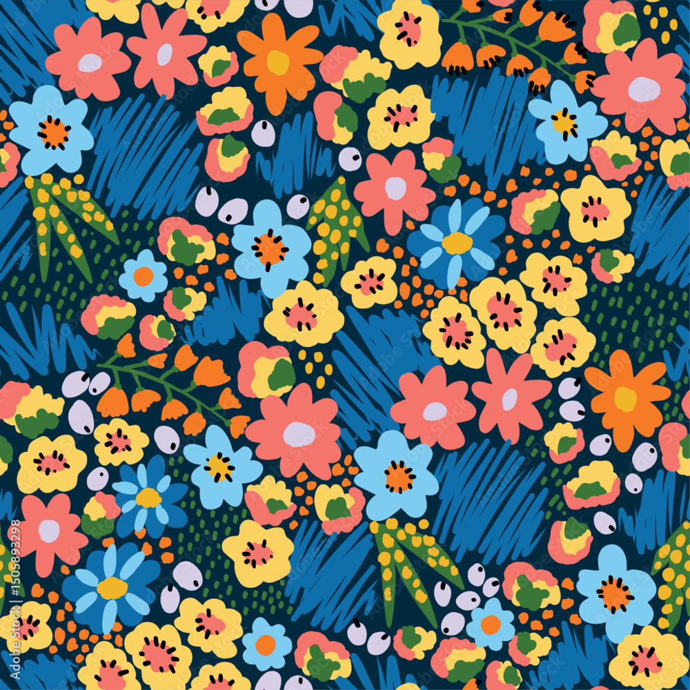 custom made wallpaper toronto digitalSeamless vector pattern with bright abstract flowers on a vibrant blue background. Eye-catching floral design perfect for fabric, wrapping paper, wallpaper, and bold modern decor projects.