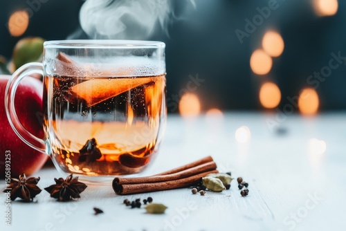 Warm Spiced Drink in Glass Cup With Cinnamon Sticks and Apples in Cozy Settin...