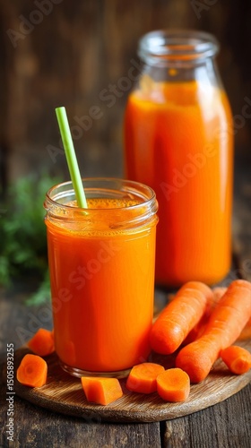 Freshly Made Carrot Juice in a Glass With Sliced Carrots on a Wooden Table