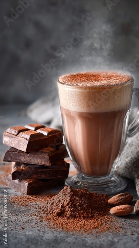 Rich Hot Chocolate Served in Glass With Chocolate Bars Arranged Nearby.