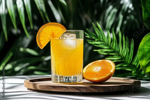 Refreshing Citrus Drink Served With Fresh Orange Slice on a Wooden Tray in a ...